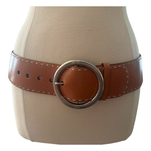 PRADA Belt Women 36 EU 90 Wide Leather Brass Round Buckle Hippie Statement Italy - Picture 2 of 16